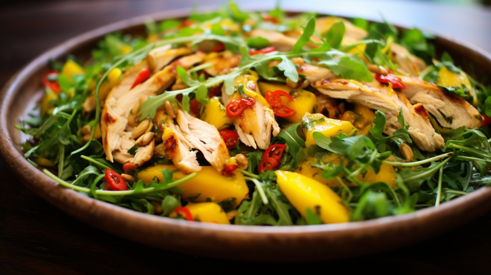 Gerookte kipsalade met mango en rucola